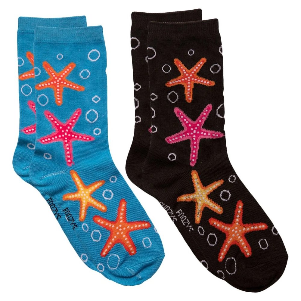Starfish Sea Stars Ocean Waves Marine Fun Crew Socks Foozys Women's 2 Pairs